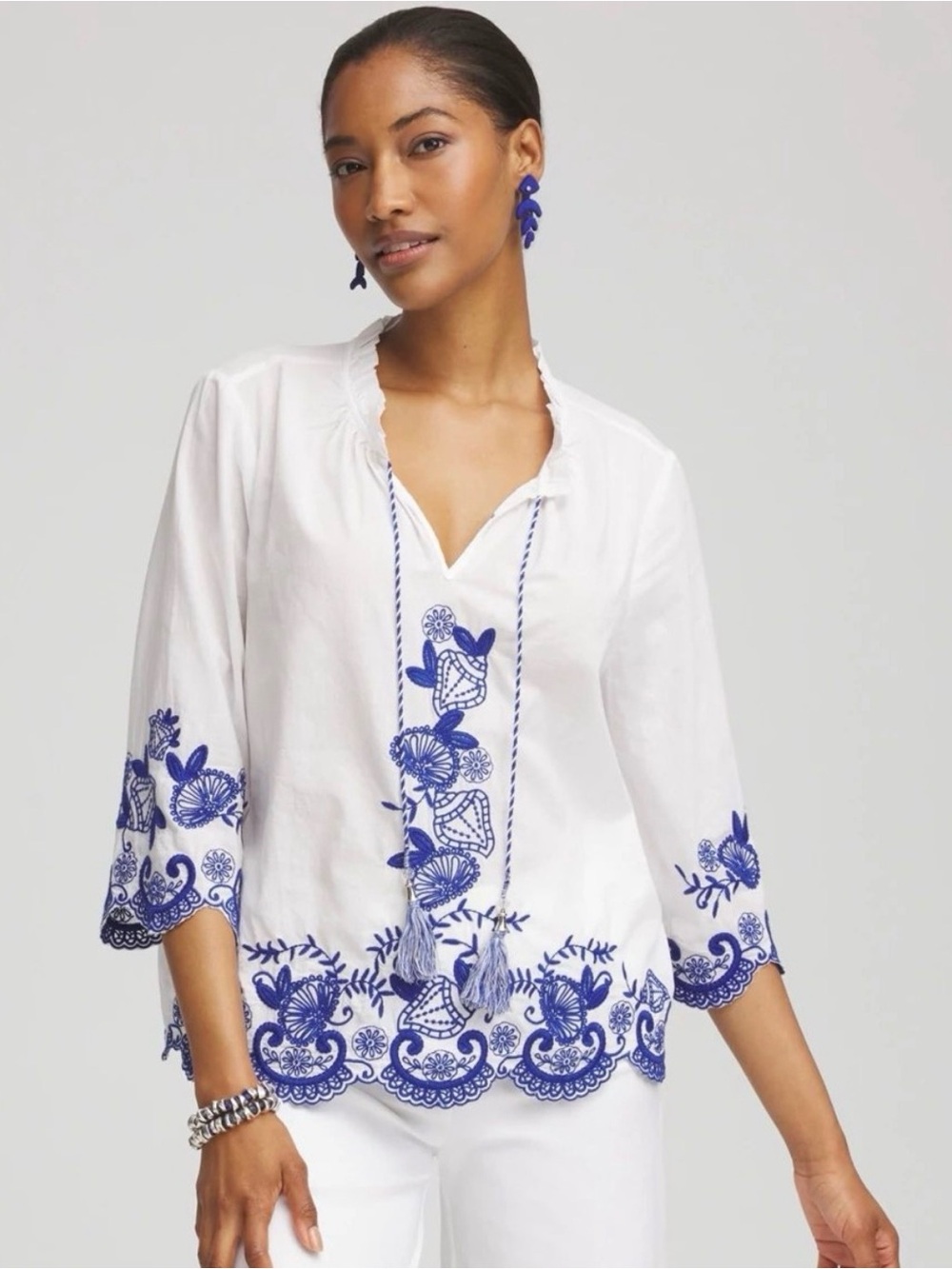 Chico’s Embroidered Tie-Front Blouse Blue White Boho Beach  NWT Size 3 / XL 16